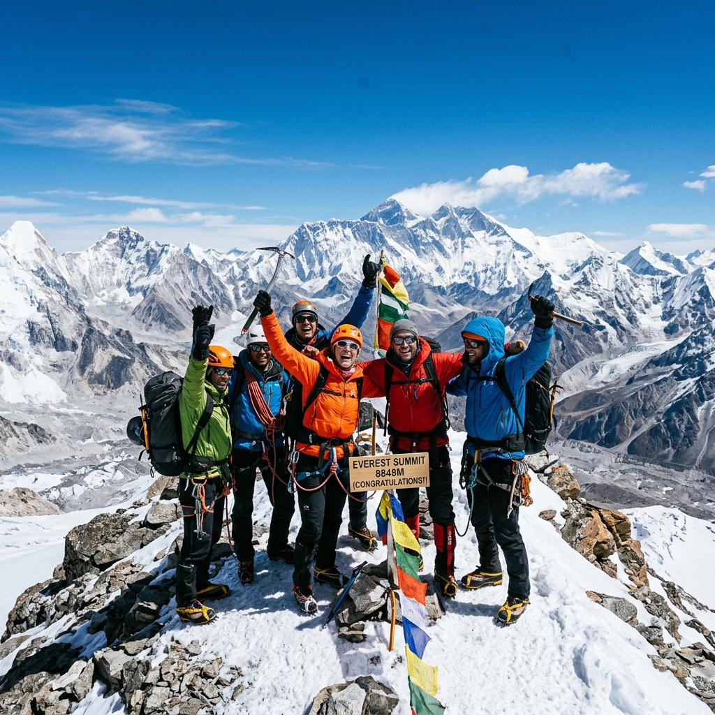 Mountaineers celebrating summit success