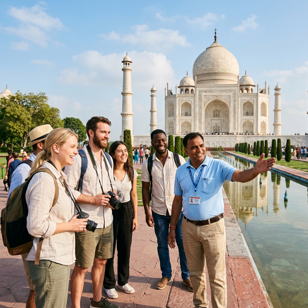 Tour guide introducing Taj Mahal to guests